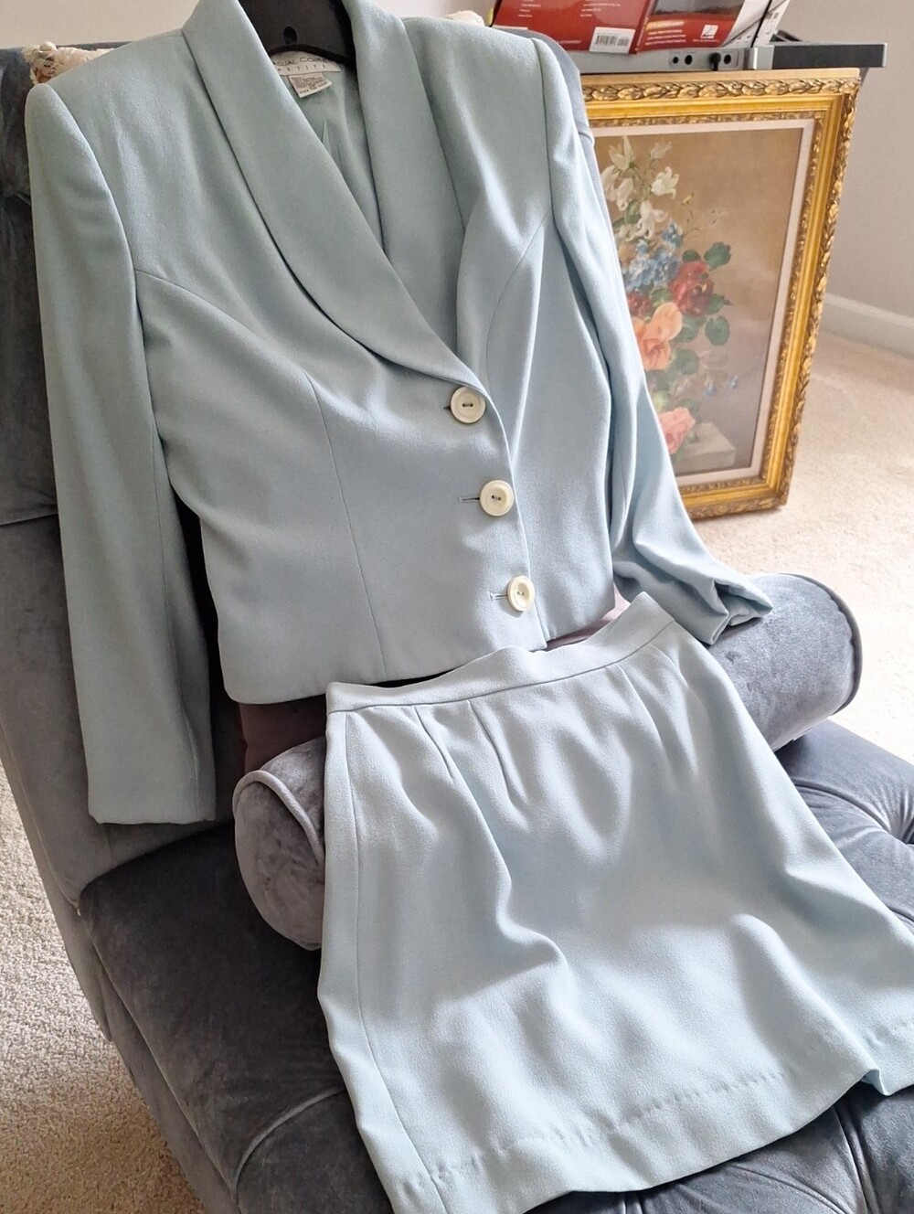 Casual Corner Pale Blue Mini Skirt Suit with Tailored Jacket